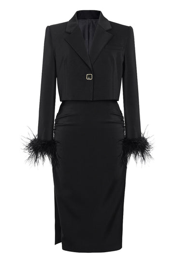 Black 2 Piece Notched Lapel Women Prom Suits with Feather